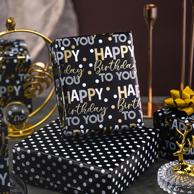 MAYPLUSS Reversible Black Birthday Wrapping Paper Roll - 17 Inch X 33 Feet - Glitter Happy Birthday Lettering Metallic Foil Paper Boy Gift Wrap w/Polka Dot for Party Father's Day Halloween's Day - Image 3